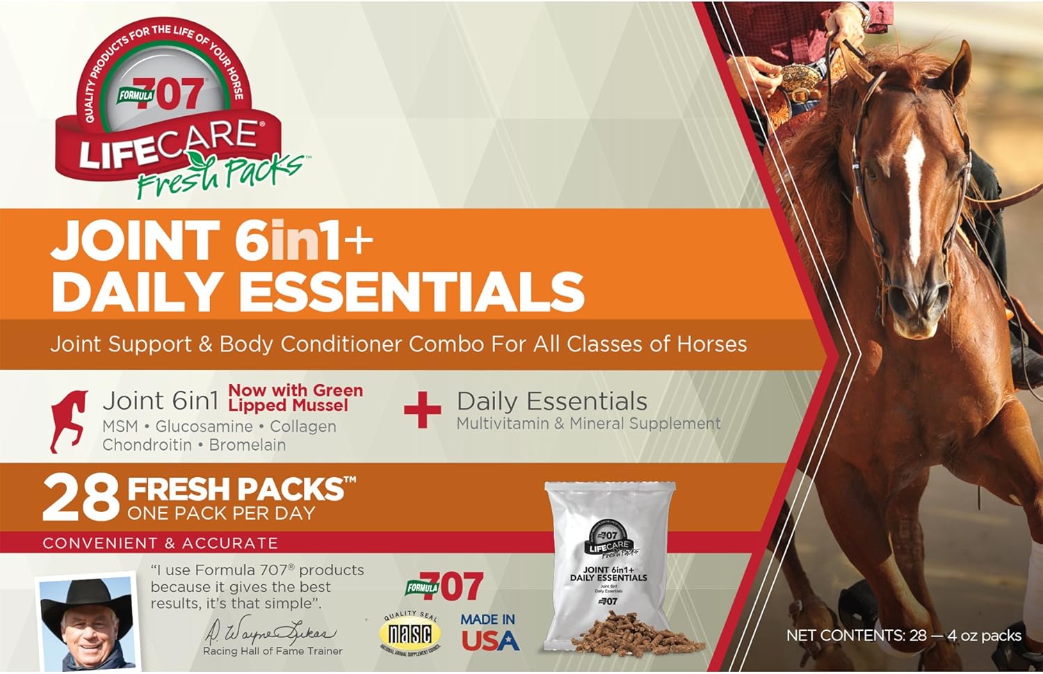 Equine Supplement: Formula 707 Joint 6in1 + Daily Essentials Combo Fresh Packs, 28 Day Supply - Green-Lipped Mussel, Glucosamine, Chondroitin, Collagen, Bromelain, MSM & Vitamins