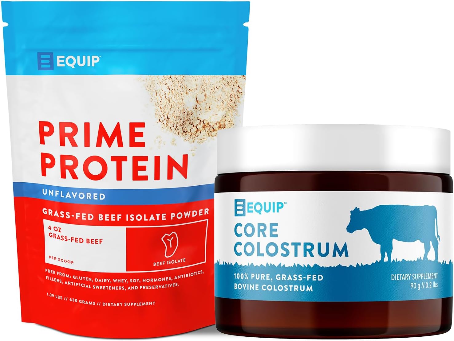 Equip Foods Prime Protein Powder and Core Colostrum Powder Combo Pack - Unflavored, Grass-Fed Whey Protein & Immune-Boosting Colostrum Powder