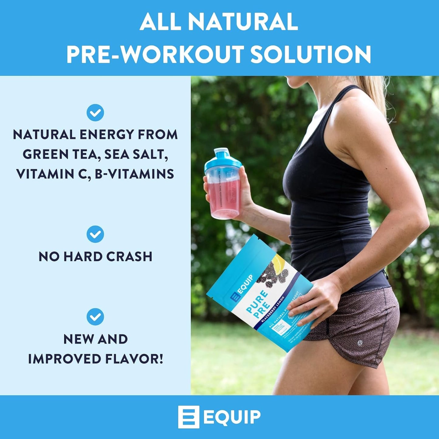 Equip Foods Pure Pre-Workout Powder with Green Tea Caffeine & Essential Nutrients - Boost Workouts Naturally - 30 Servings, BlackBerry Lemon Flavor