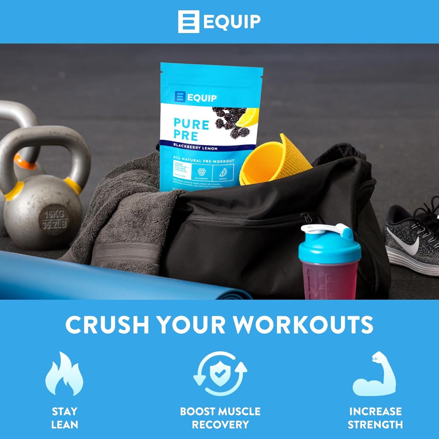 Equip Foods Pure Pre-Workout Powder with Green Tea Caffeine & Essential Nutrients - Boost Workouts Naturally - 30 Servings, BlackBerry Lemon Flavor
