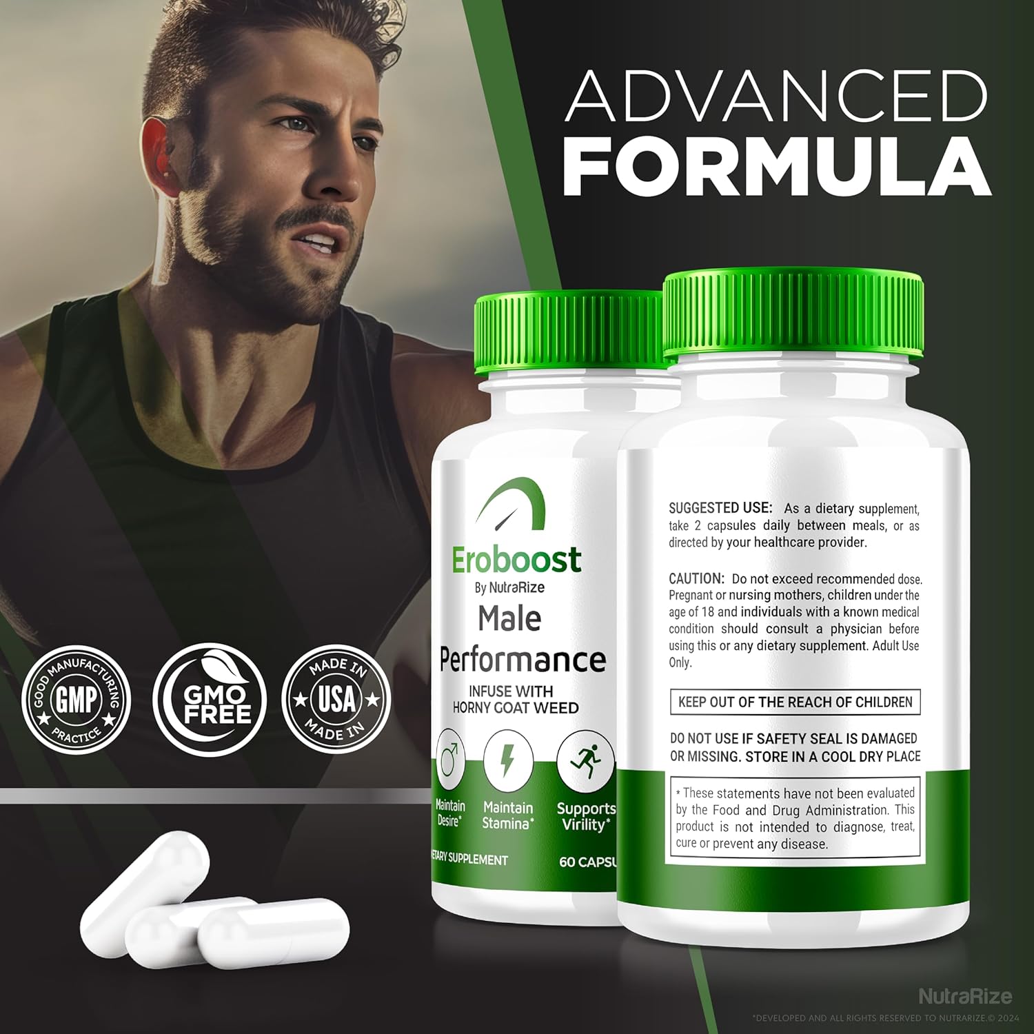 Eroboost Male Supplement 2 Pack - Daily Nutrition for Peak Performance, Official Formula Reviews - NutraRize (120 Capsules)