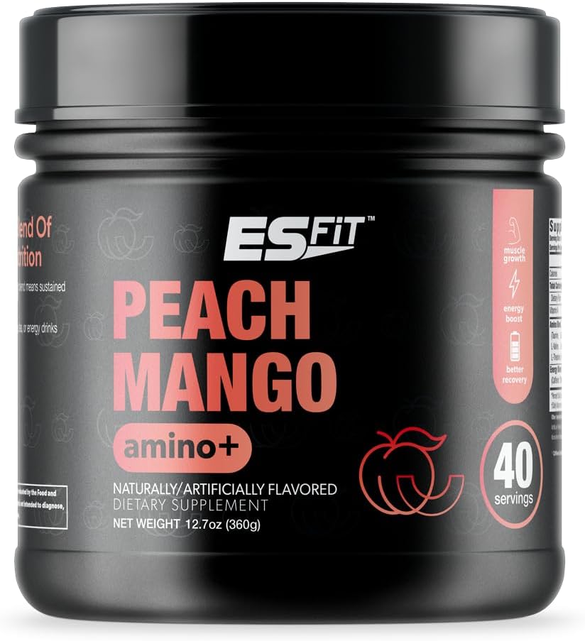 ES FIT Amino+ Powder - Pre and Post Workout Blend with Caffeine and Green Tea Extract - BCAA and Amino Acids Formula, Zero Sugar, Low Calorie, 40 Servings (Peach Mango Flavor)