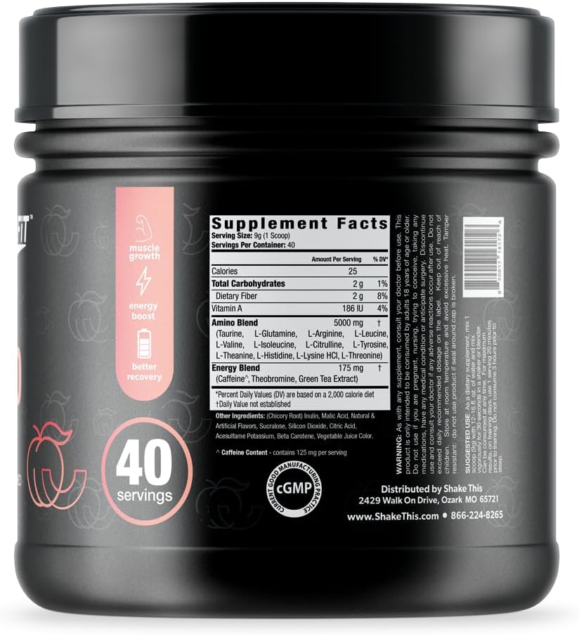 ES FIT Amino+ Powder - Pre and Post Workout Blend with Caffeine and Green Tea Extract - BCAA and Amino Acids Formula, Zero Sugar, Low Calorie, 40 Servings (Peach Mango Flavor)