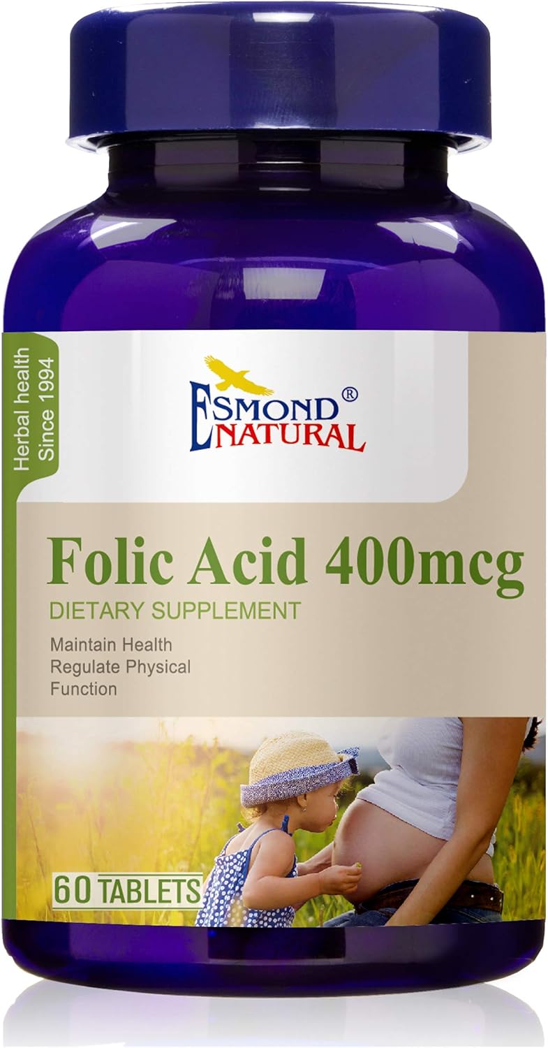 Esmond Natural Folic Acid 400mcg Tablets - Pregnancy Support, Health Maintenance - GMP Certified, Made in USA - 60 Tablets