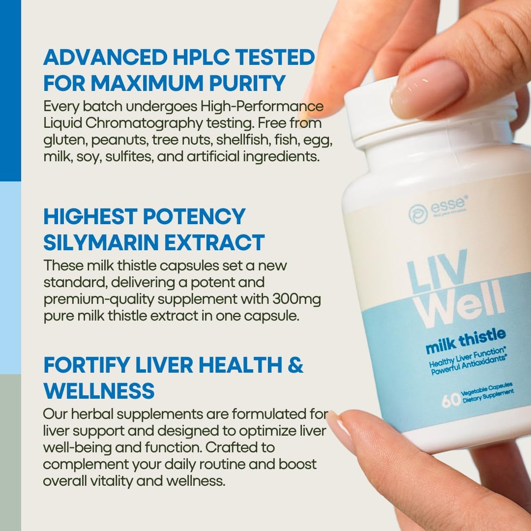 ESSE Vegan Milk Thistle Supplement with Sesame and Artichoke Extract - 80% Silymarin for Liver Cleanse & Healthy Skin - 60 Capsules, HPLC Tested for Purity