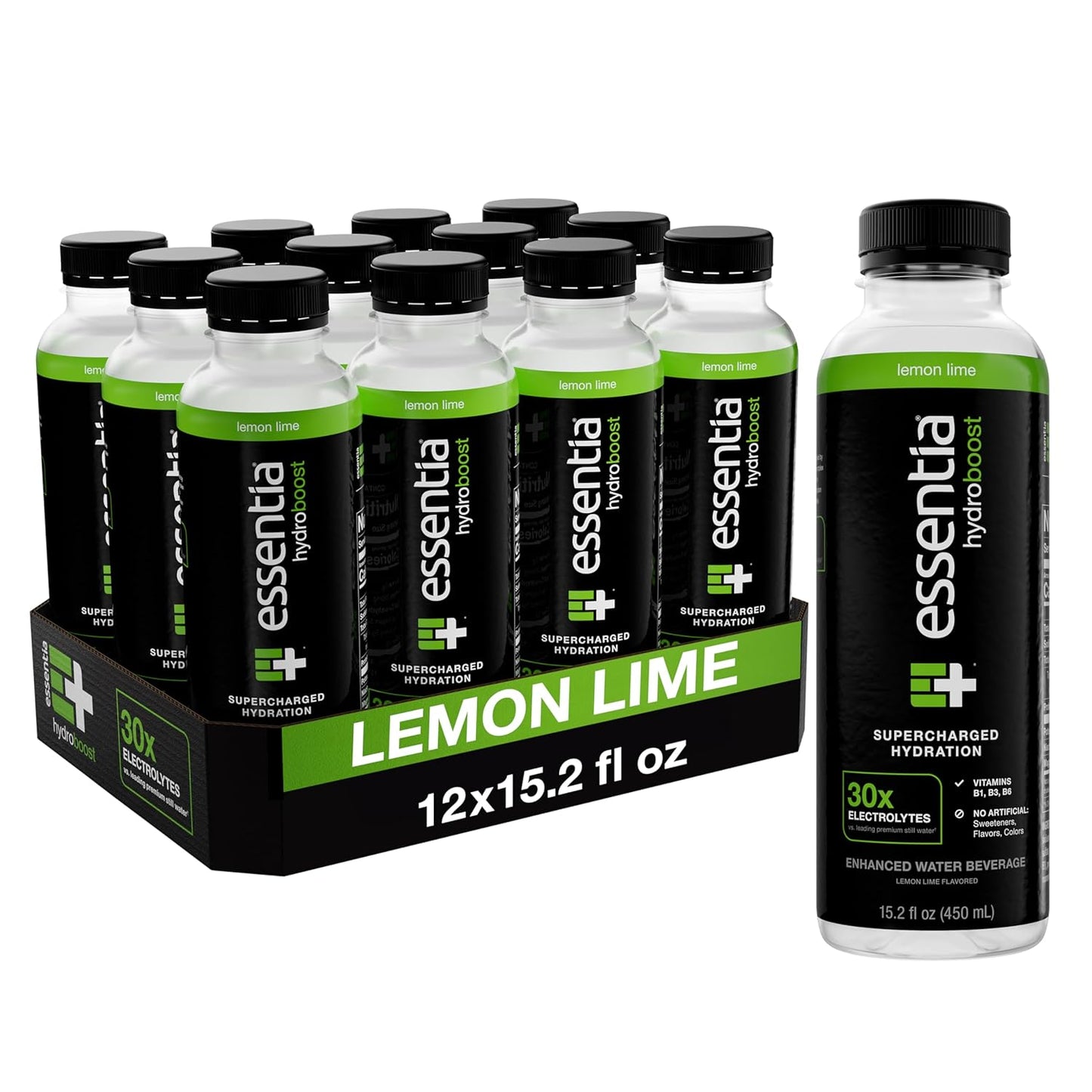 Essentia Hydroboost Enhanced Bottled Water, Lemon Lime Flavor, 15.2 fl. oz., 12 Pack - Supercharged Hydration with B-Complex Vitamins