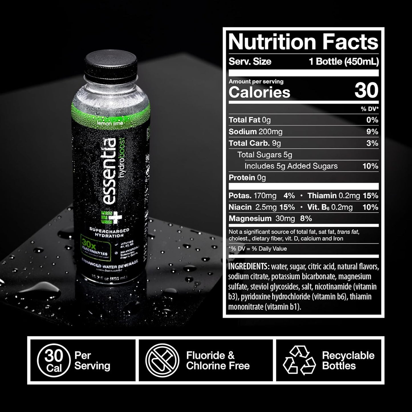 Essentia Hydroboost Enhanced Bottled Water, Lemon Lime Flavor, 15.2 fl. oz., 12 Pack - Supercharged Hydration with B-Complex Vitamins