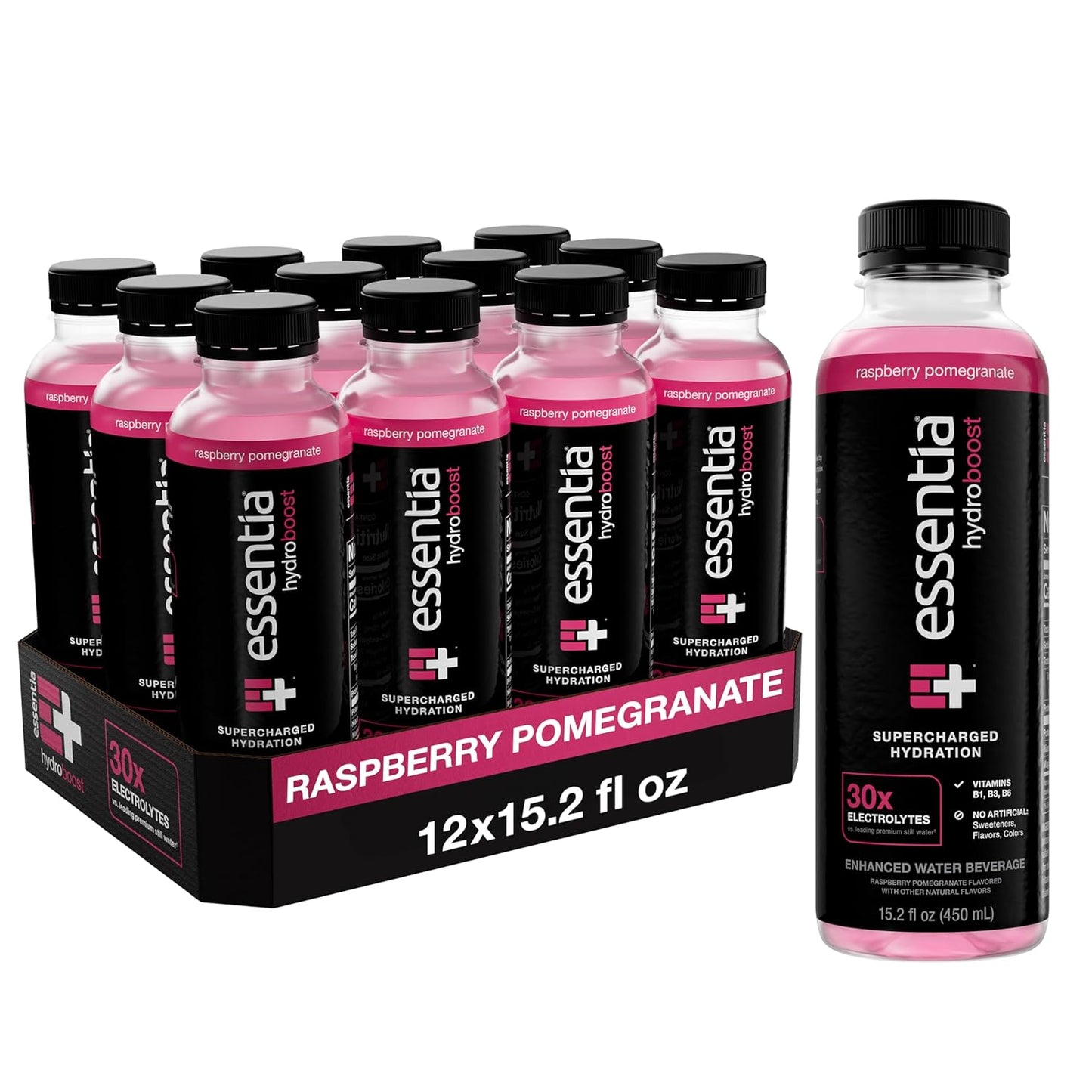 Essentia Hydroboost Raspberry Pomegranate Bottled Water 15.2 fl oz 12 Pack - Enhanced with B-Complex Vitamins & Electrolytes for Supercharged Hydration