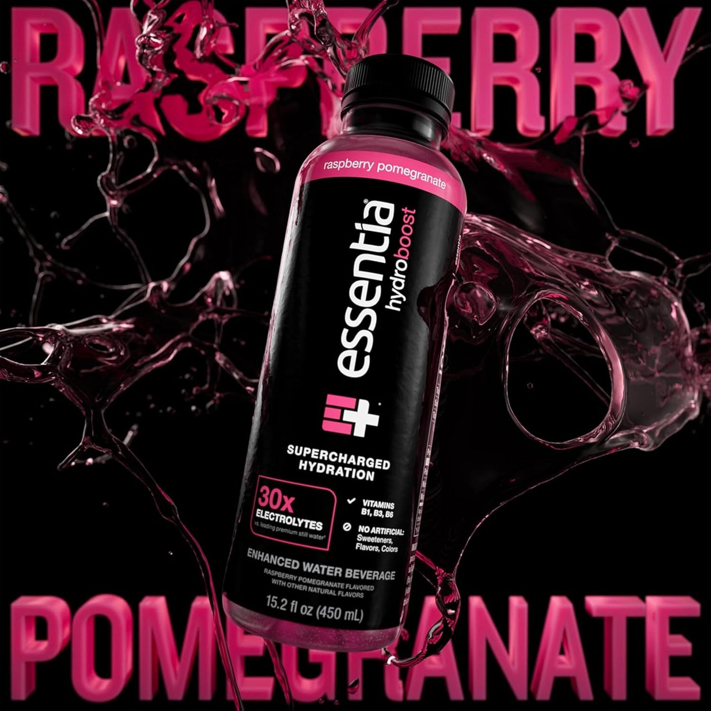 Essentia Hydroboost Raspberry Pomegranate Bottled Water 15.2 fl oz 12 Pack - Enhanced with B-Complex Vitamins & Electrolytes for Supercharged Hydration