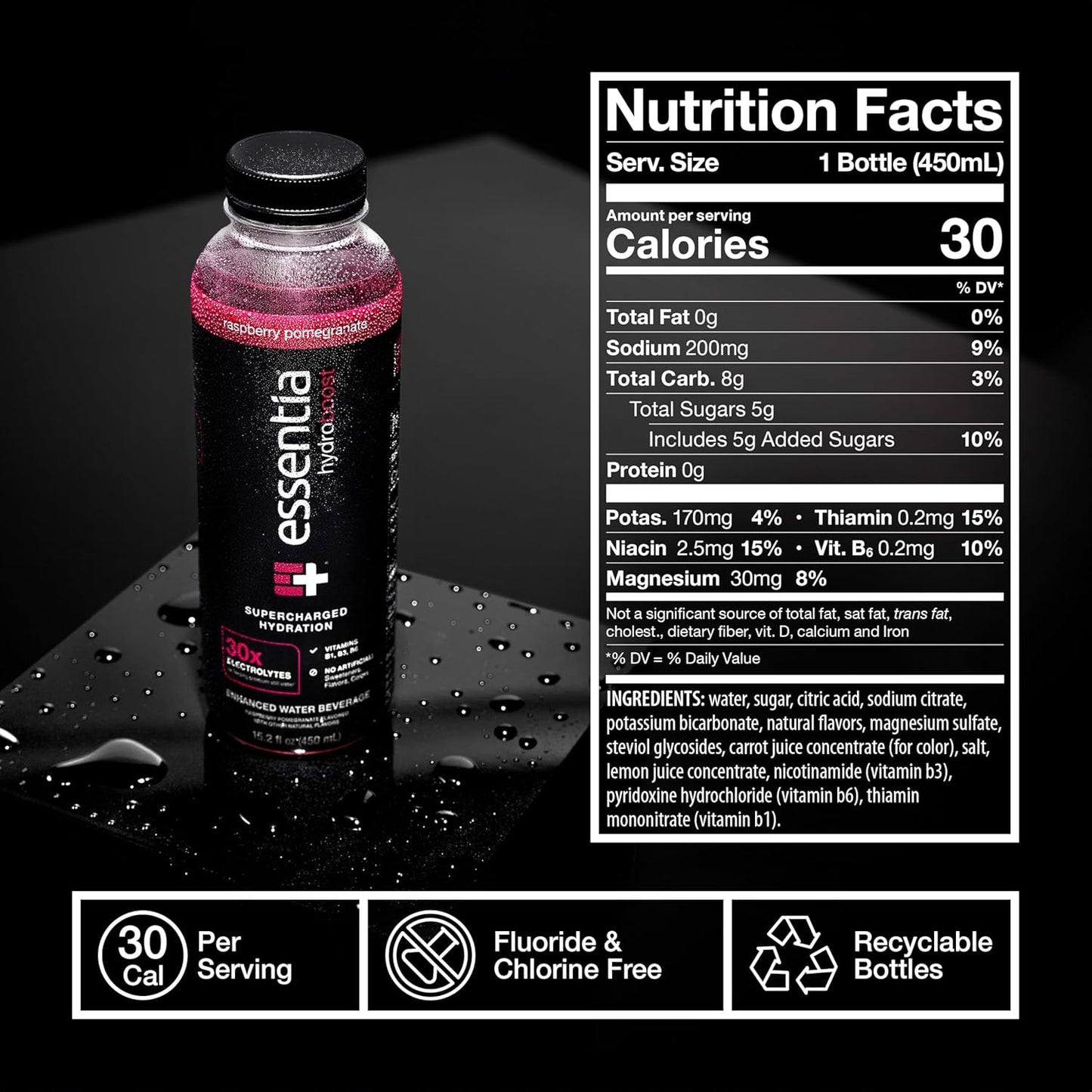 Essentia Hydroboost Raspberry Pomegranate Bottled Water 15.2 fl oz 12 Pack - Enhanced with B-Complex Vitamins & Electrolytes for Supercharged Hydration