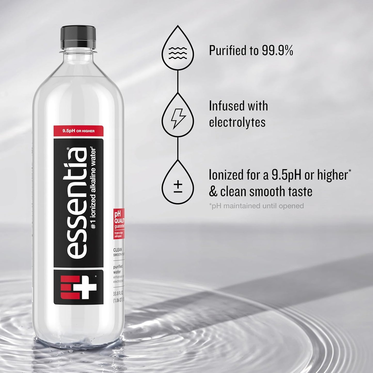 Essentia Water 1L Bottle - 99.9% Pure Ionized Alkaline Water with Electrolytes, pH 9.5+, Smooth Taste