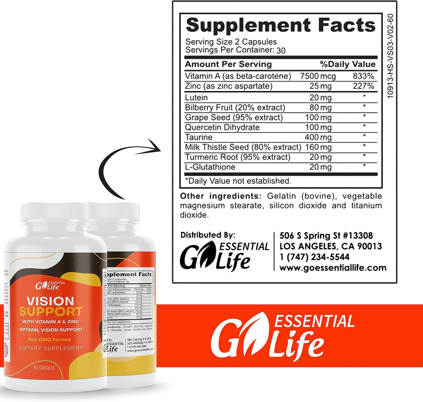 Essential Eye Care Supplement with Zinc, Vitamin A, Bilberry, Turmeric, Grape Seed Extract, and Lutein 20mg - Supports Vision and Eye Health - 60 Capsules
