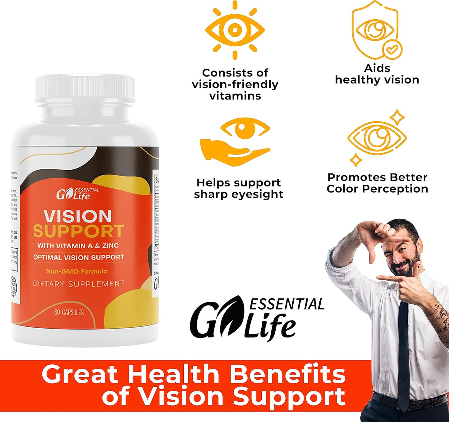Essential Eye Care Supplement with Zinc, Vitamin A, Bilberry, Turmeric, Grape Seed Extract, and Lutein 20mg - Supports Vision and Eye Health - 60 Capsules