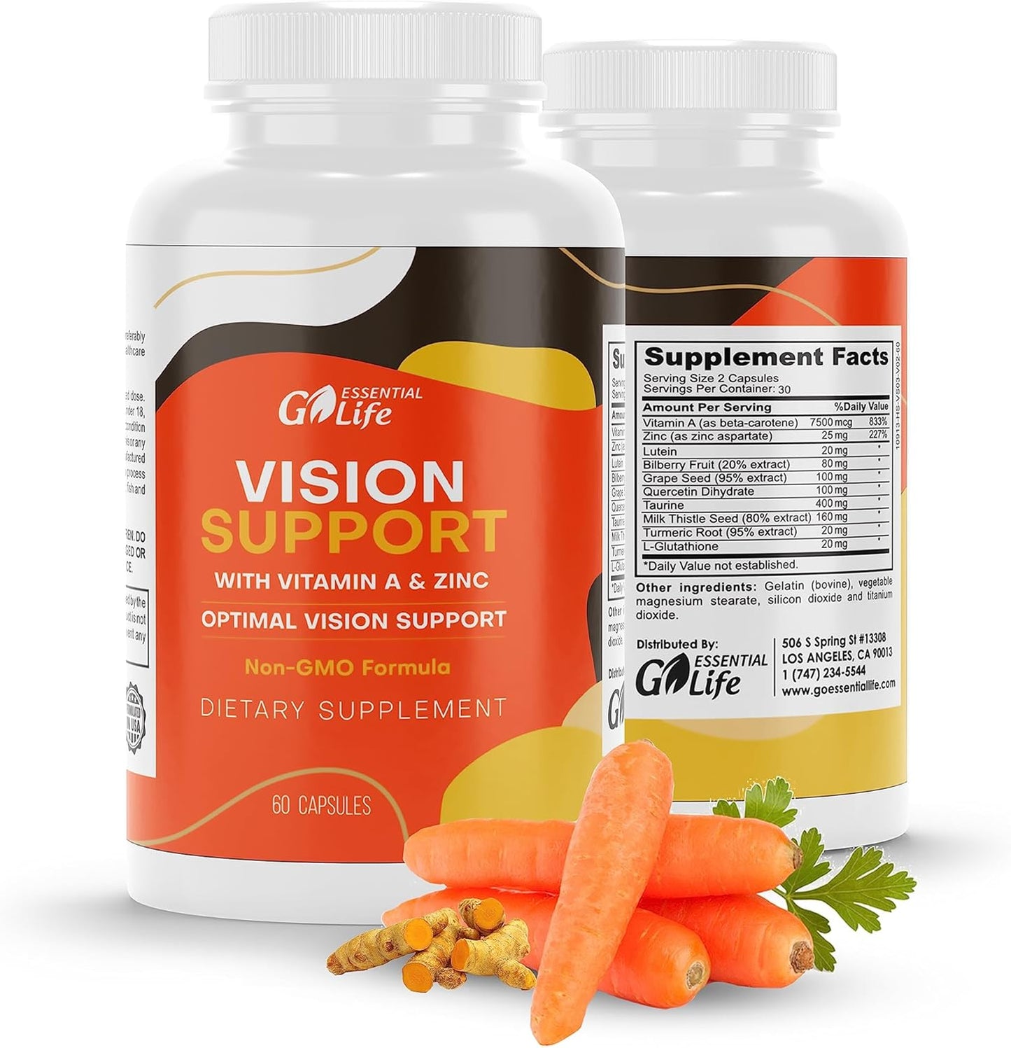 Essential Eye Care Supplement with Zinc, Vitamin A, Bilberry, Turmeric, Grape Seed Extract, and Lutein 20mg - Supports Vision and Eye Health - 60 Capsules