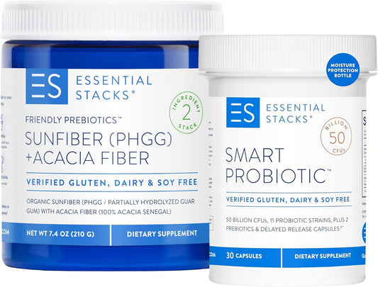 Essential Stacks Gut Health Bundle: Probiotics (30 ct) + Prebiotics (7.4 oz) for Digestive Support