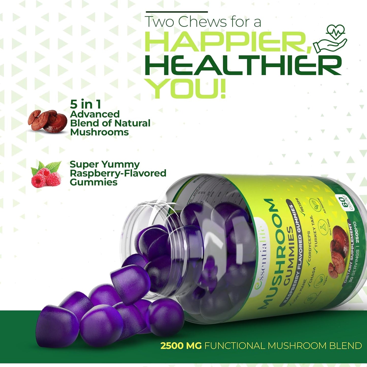 Essentialife Mushroom Gummies with Lions Mane, Turkey Tail, Cordyceps, Reishi, Chaga Extract - Brain Health and Immune Support Gummies, 120 Count