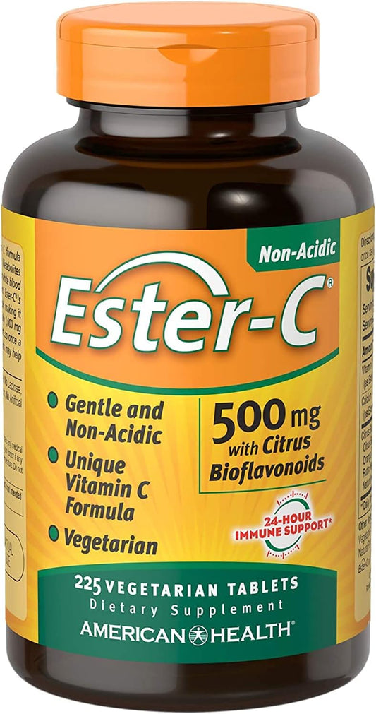 Ester-C American Health with Citrus Bioflavonoids Vegetarian Tablets - 24-Hour Immune Support - Non-Acidic Vitamin C - Non-GMO, Gluten-Free, Vegan - 225 Count, 500 mg - Gentle on Stomach