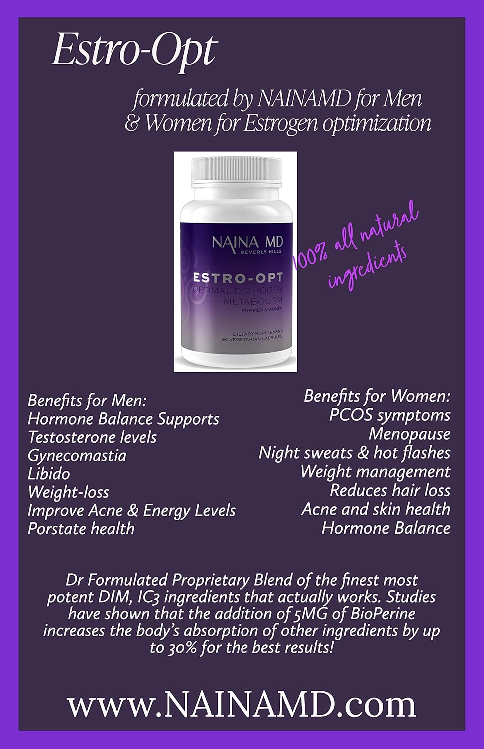 Estro-Opt Estrogen Blocker for Hormonal Balance in Men/Women, Teens - PCOS & Menopause Support, Testosterone & Skin Improvement