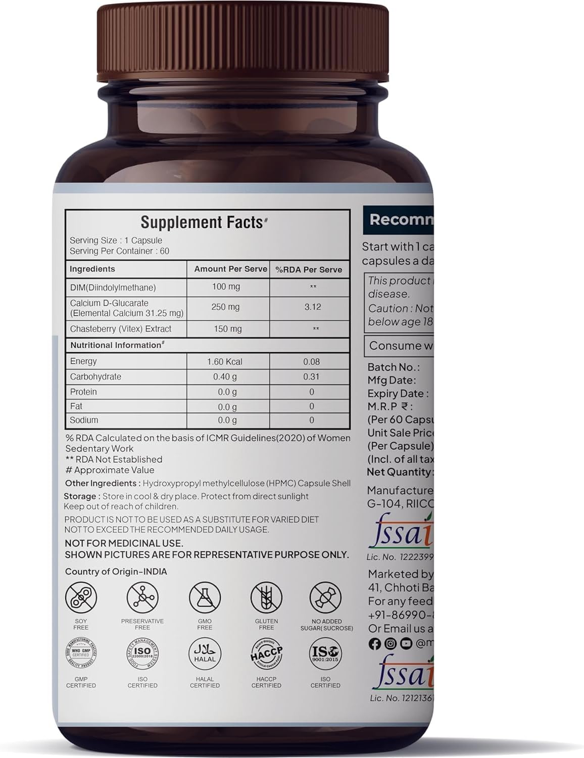 Estrogen Balance Capsules with DIM for Fibroids, PMS, PCOS - Black Cohosh Root Powder - Gluten-Free & Non-GMO (60 Capsules)