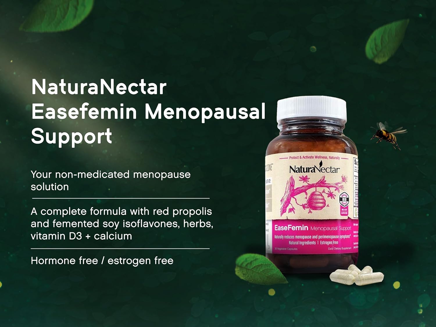 Estrogen-Free Red Bee Propolis Menopause Supplements - Natural Hot Flash Relief with Calming Herbal Blend - 30 Capsules by NaturaNectar
