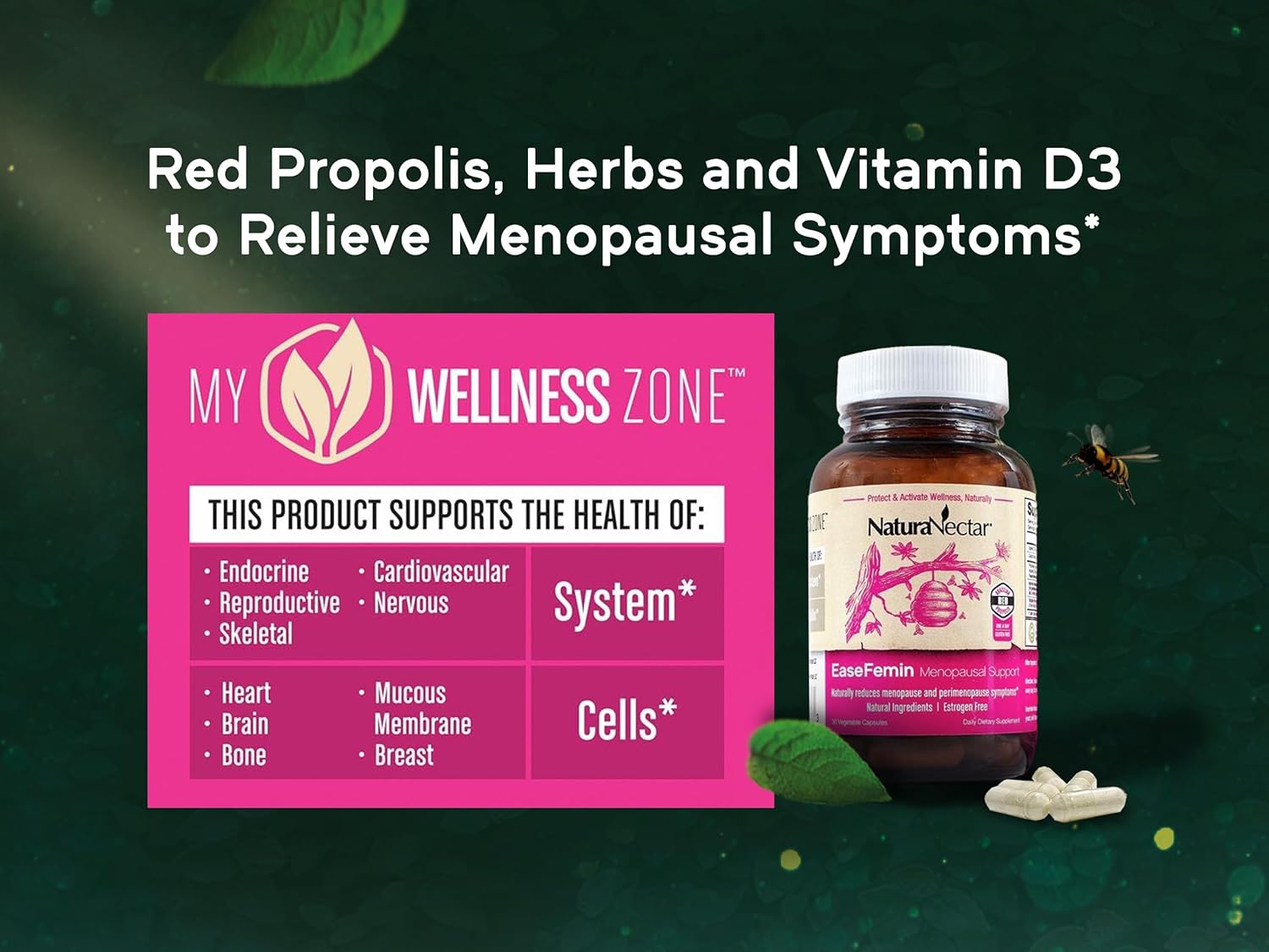 Estrogen-Free Red Bee Propolis Menopause Supplements - Natural Hot Flash Relief with Calming Herbal Blend - 30 Capsules by NaturaNectar