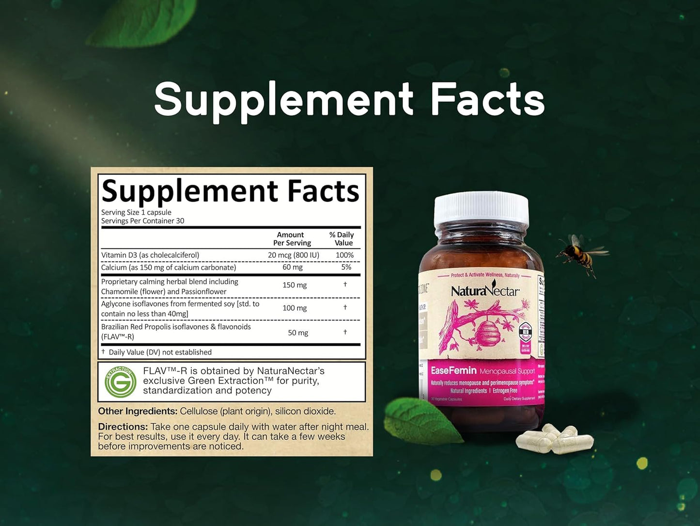 Estrogen-Free Red Bee Propolis Menopause Supplements - Natural Hot Flash Relief with Calming Herbal Blend - 30 Capsules by NaturaNectar