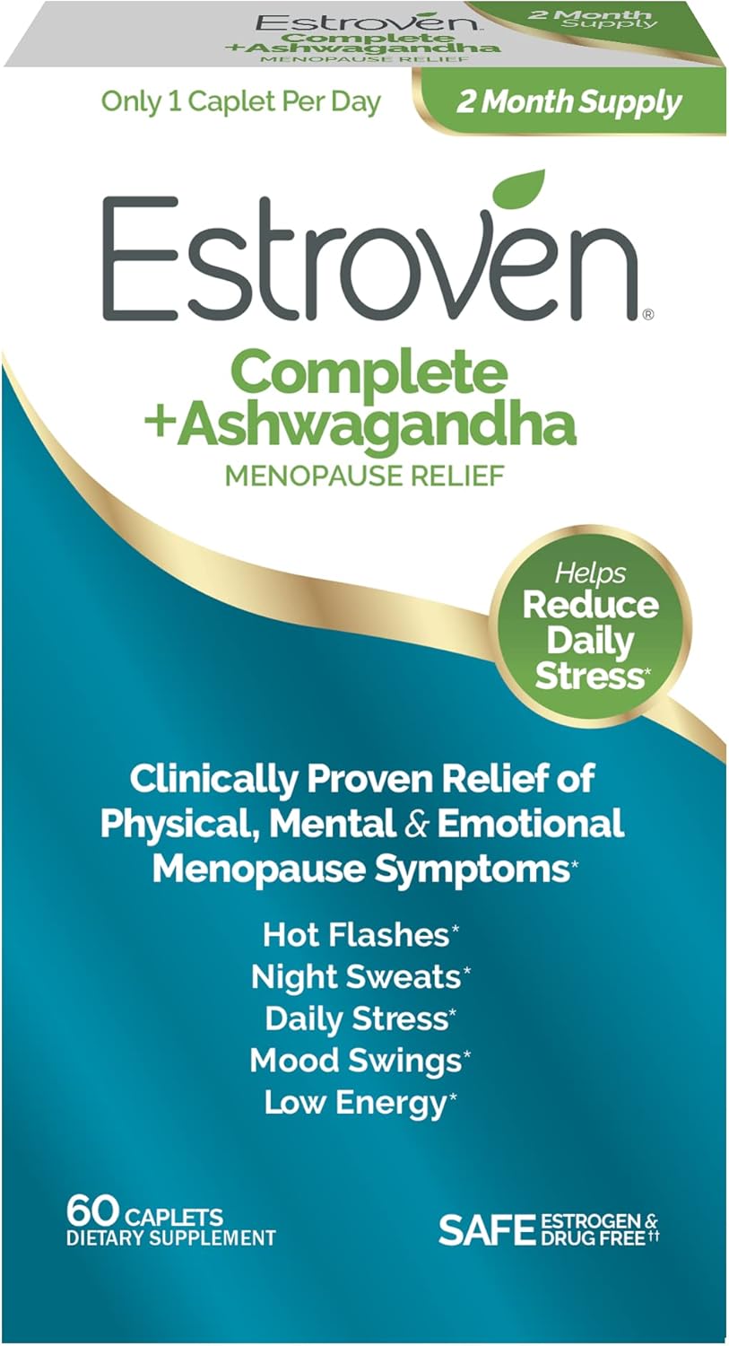 Estroven Complete Menopause Supplement with Ashwagandha - 60 Ct - Relieves Menopause Symptoms, Night Sweats, Hot Flashes - Clinically Proven Ingredients - Drug-Free & Non-GMO