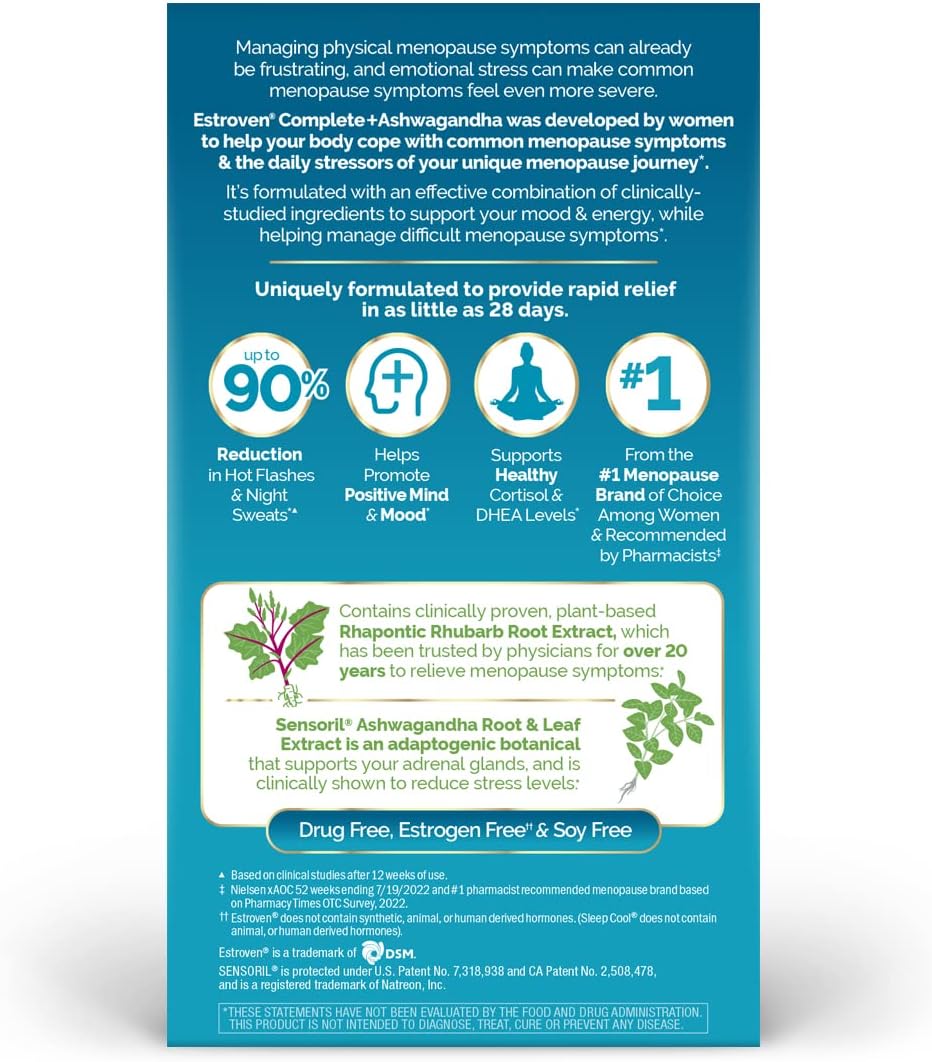 Estroven Complete Menopause Supplement with Ashwagandha - 60 Ct - Relieves Menopause Symptoms, Night Sweats, Hot Flashes - Clinically Proven Ingredients - Drug-Free & Non-GMO