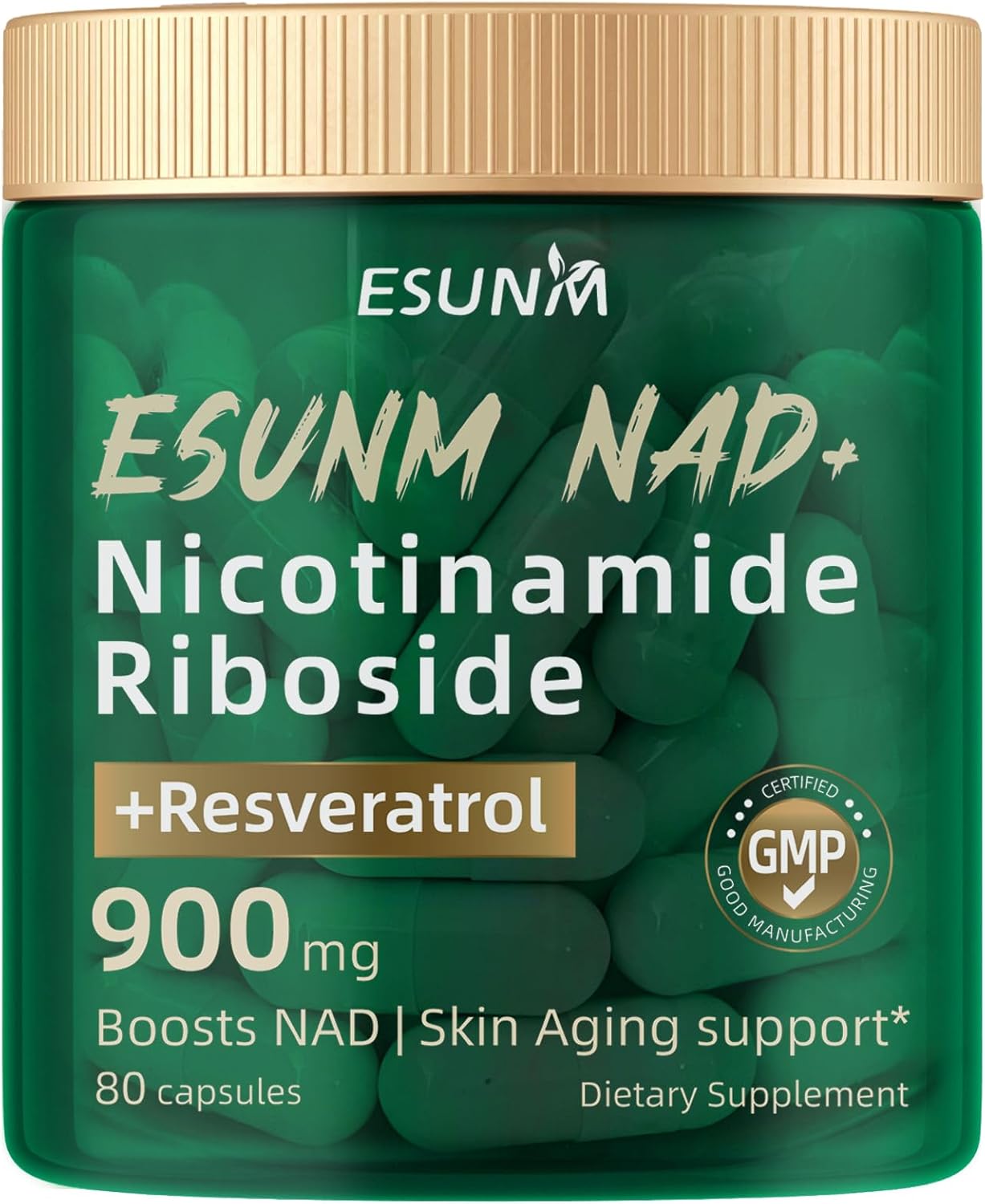 ESUNM NAD+ Supplement with Resveratrol - 900mg Nicotinamide Riboside Capsules for Anti-Aging, Energy, Focus - 80 Count