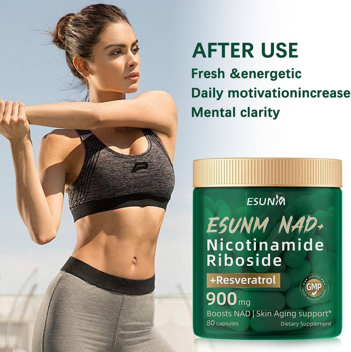 ESUNM NAD+ Supplement with Resveratrol - 900mg Nicotinamide Riboside Capsules for Anti-Aging, Energy, Focus - 80 Count