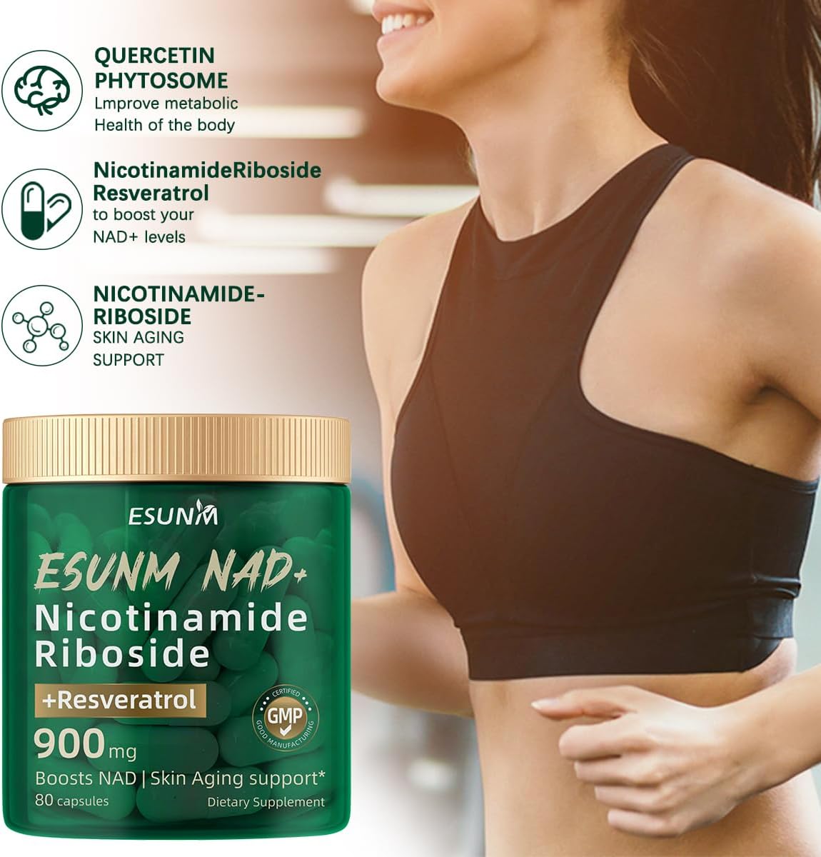 ESUNM NAD+ Supplement with Resveratrol - 900mg Nicotinamide Riboside Capsules for Anti-Aging, Energy, Focus - 80 Count