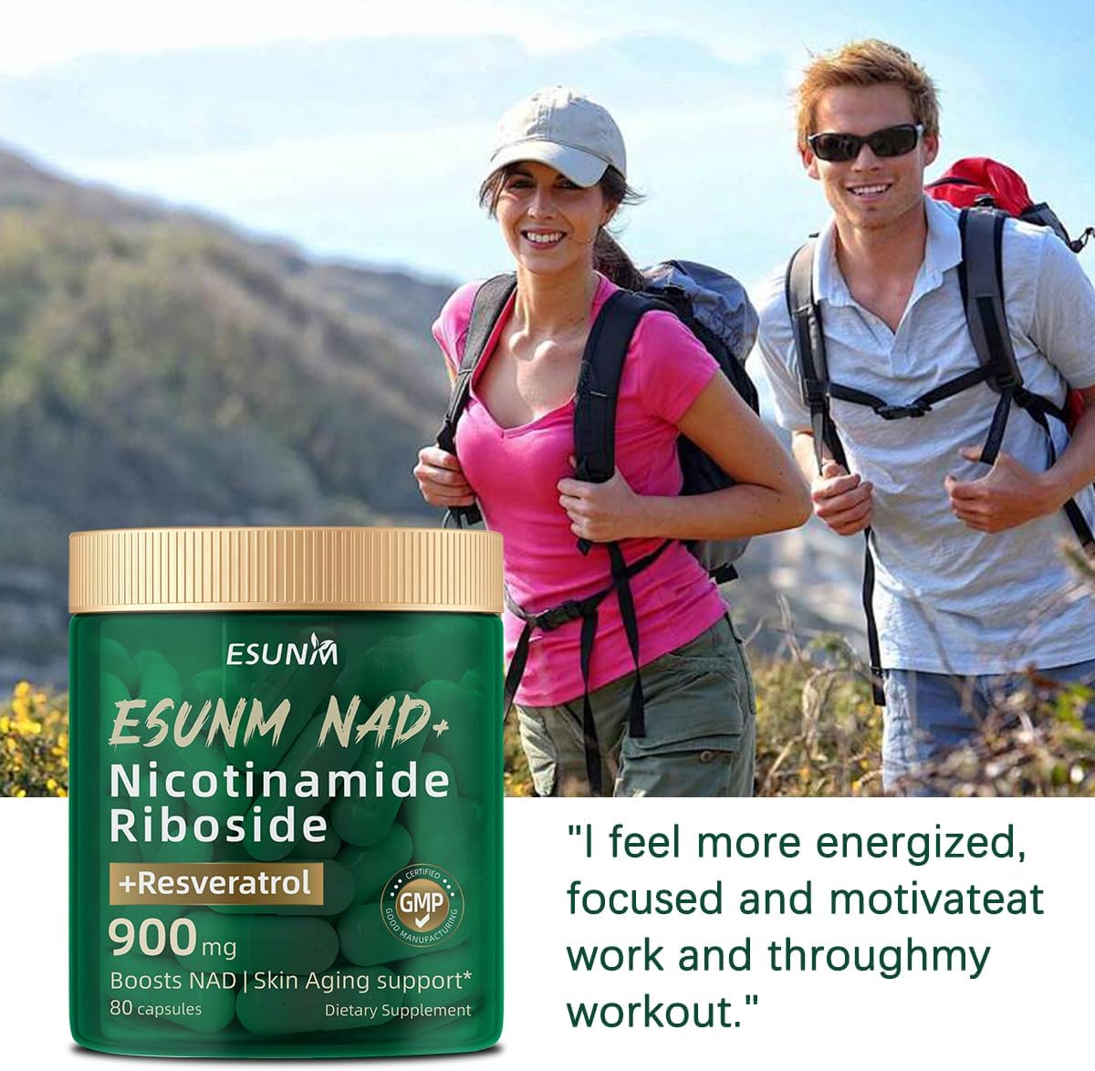 ESUNM NAD+ Supplement with Resveratrol - 900mg Nicotinamide Riboside Capsules for Anti-Aging, Energy, Focus - 80 Count