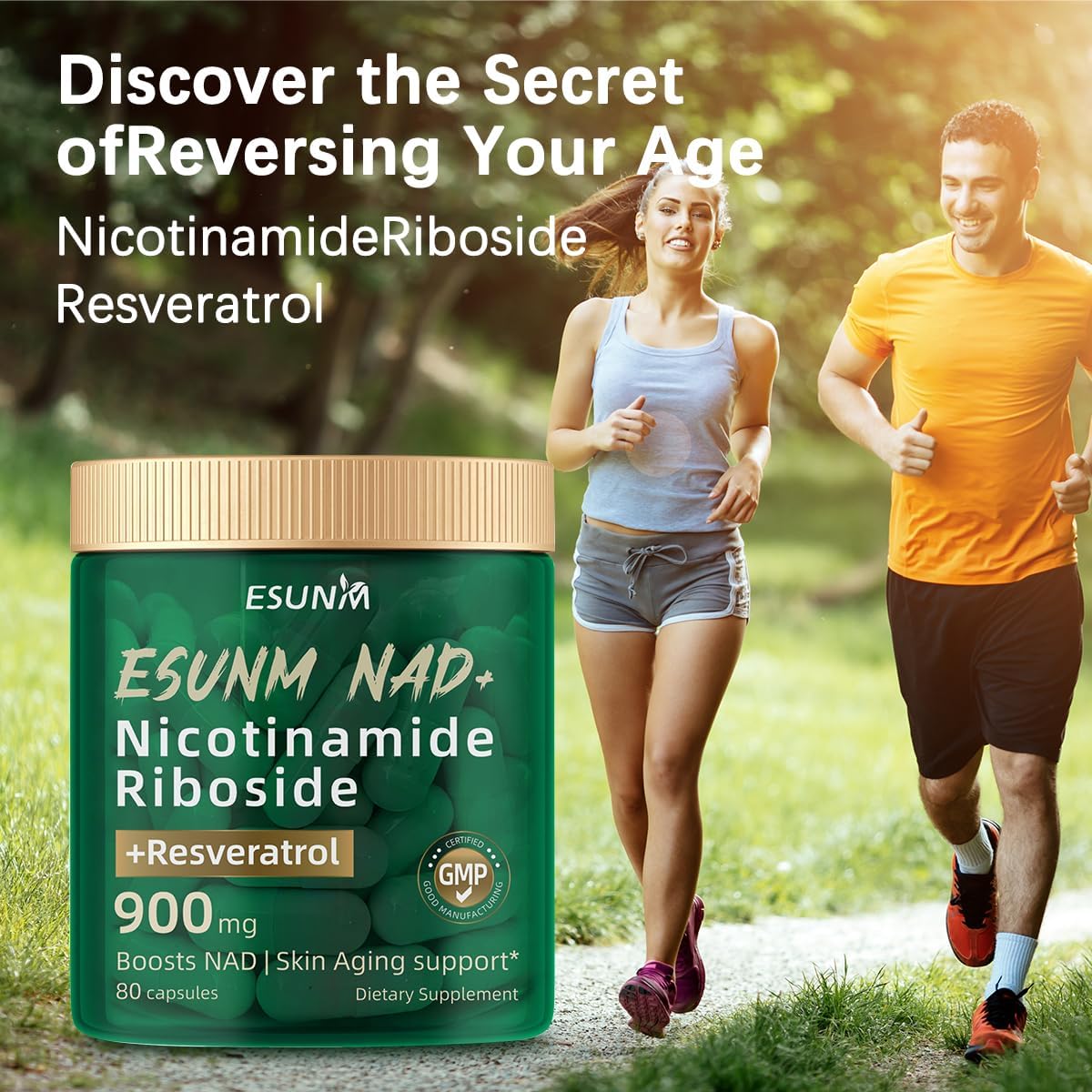 ESUNM NAD+ Supplement with Resveratrol - 900mg Nicotinamide Riboside Capsules for Anti-Aging, Energy, Focus - 80 Count