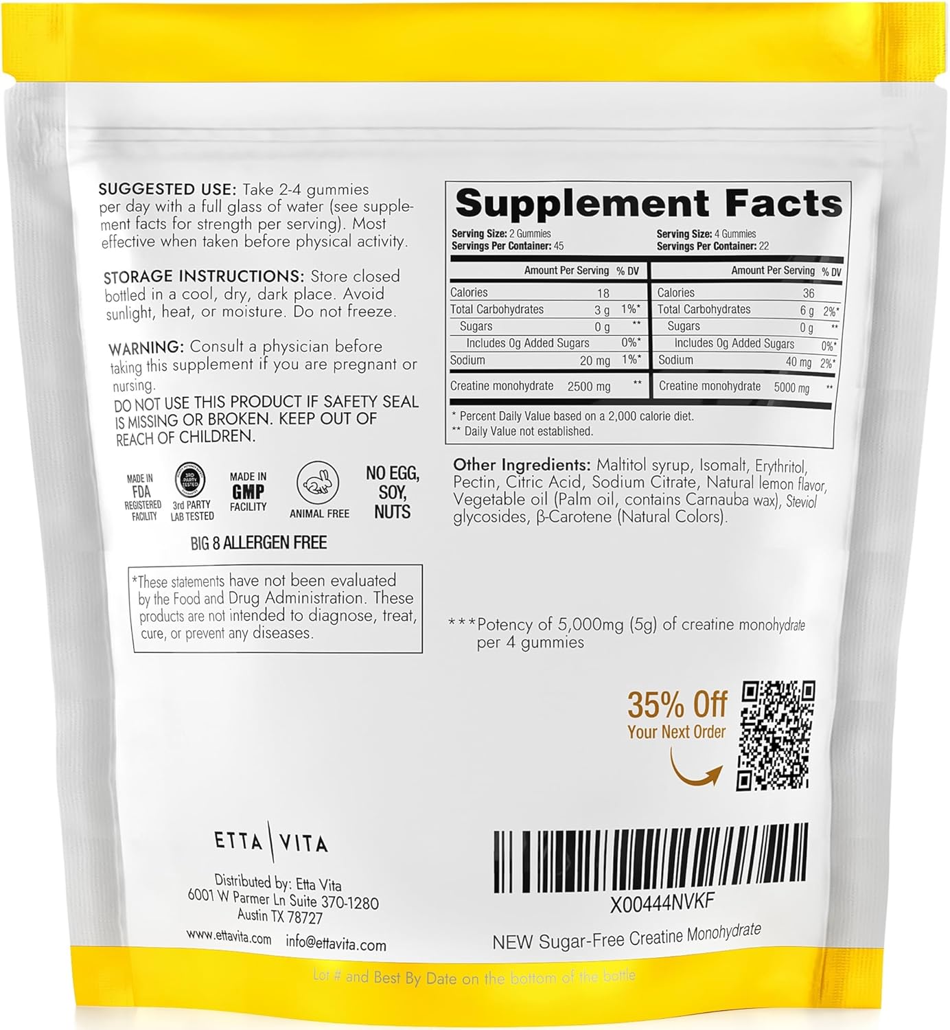 Etta Vita 5g Sugar-Free Creatine Gummies for Muscle Support & Energy, Gluten-Free Supplement for Men & Women