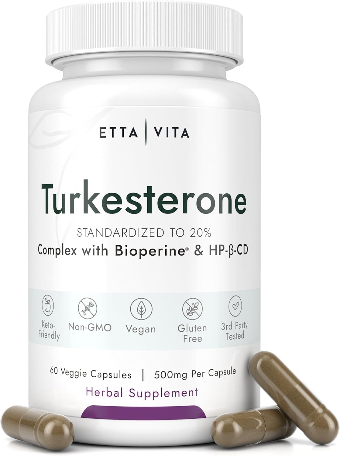 Etta Vita Turkesterone Supplement - Potent 2X Pure Formula for Energy, Muscle Growth, and Stamina - Vegan, Made in USA, 3rd Party Tested (60ct)