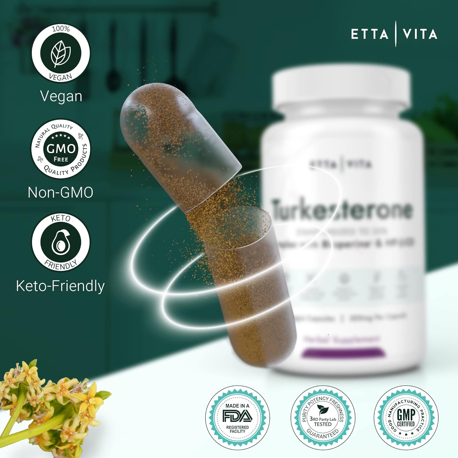 Etta Vita Turkesterone Supplement - Potent 2X Pure Formula for Energy, Muscle Growth, and Stamina - Vegan, Made in USA, 3rd Party Tested (60ct)