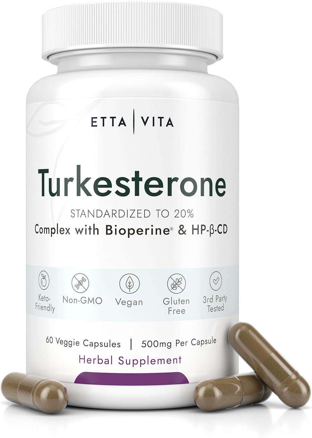 Etta Vita Turkesterone Supplement - Potent 2X Pure Formula for Energy, Muscle Growth, and Stamina - Vegan, Made in USA, 3rd Party Tested (60ct)