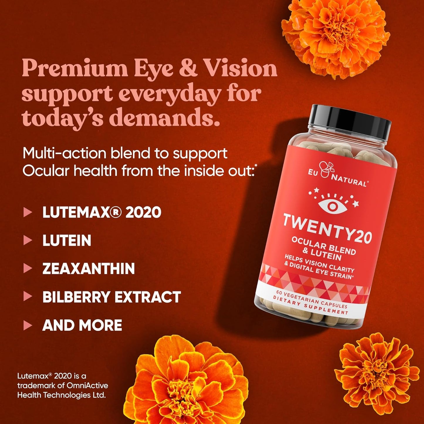 Eu Natural Twenty20 Eye Vitamins for Macular Health, Eye Strain, Dry Eye, Vision Health - Lutein & Bilberry Extract - 60 Soft Capsules