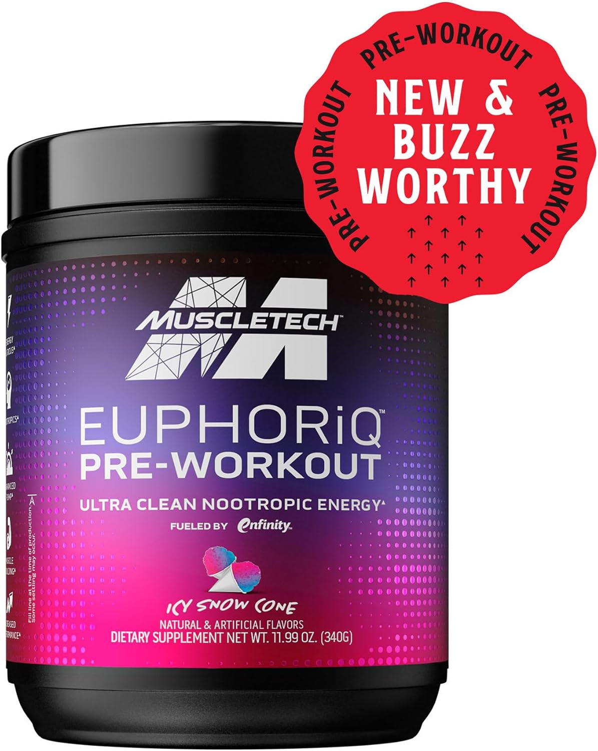 EuphoriQ PreWorkout Powder by MuscleTech - Smart Caffeine Metabolite Fuel for Men & Women - ICY Snow Cone Flavor - 20 Servings