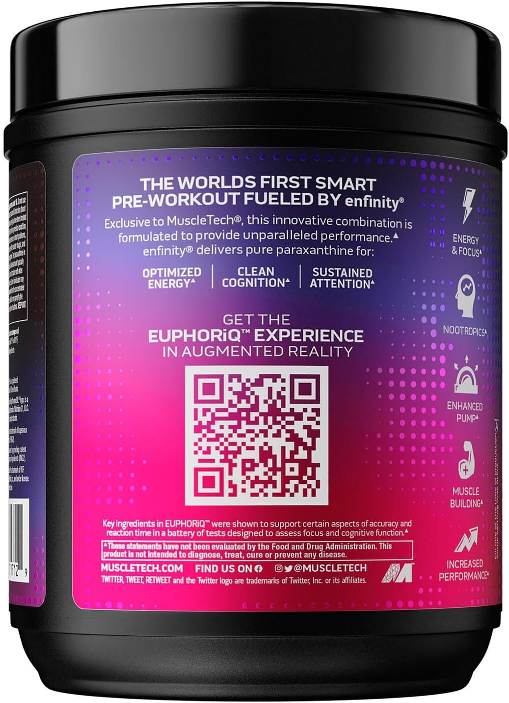 EuphoriQ PreWorkout Powder by MuscleTech - Smart Caffeine Metabolite Fuel for Men & Women - ICY Snow Cone Flavor - 20 Servings