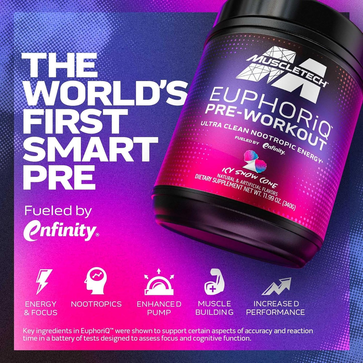 EuphoriQ PreWorkout Powder by MuscleTech - Smart Caffeine Metabolite Fuel for Men & Women - ICY Snow Cone Flavor - 20 Servings