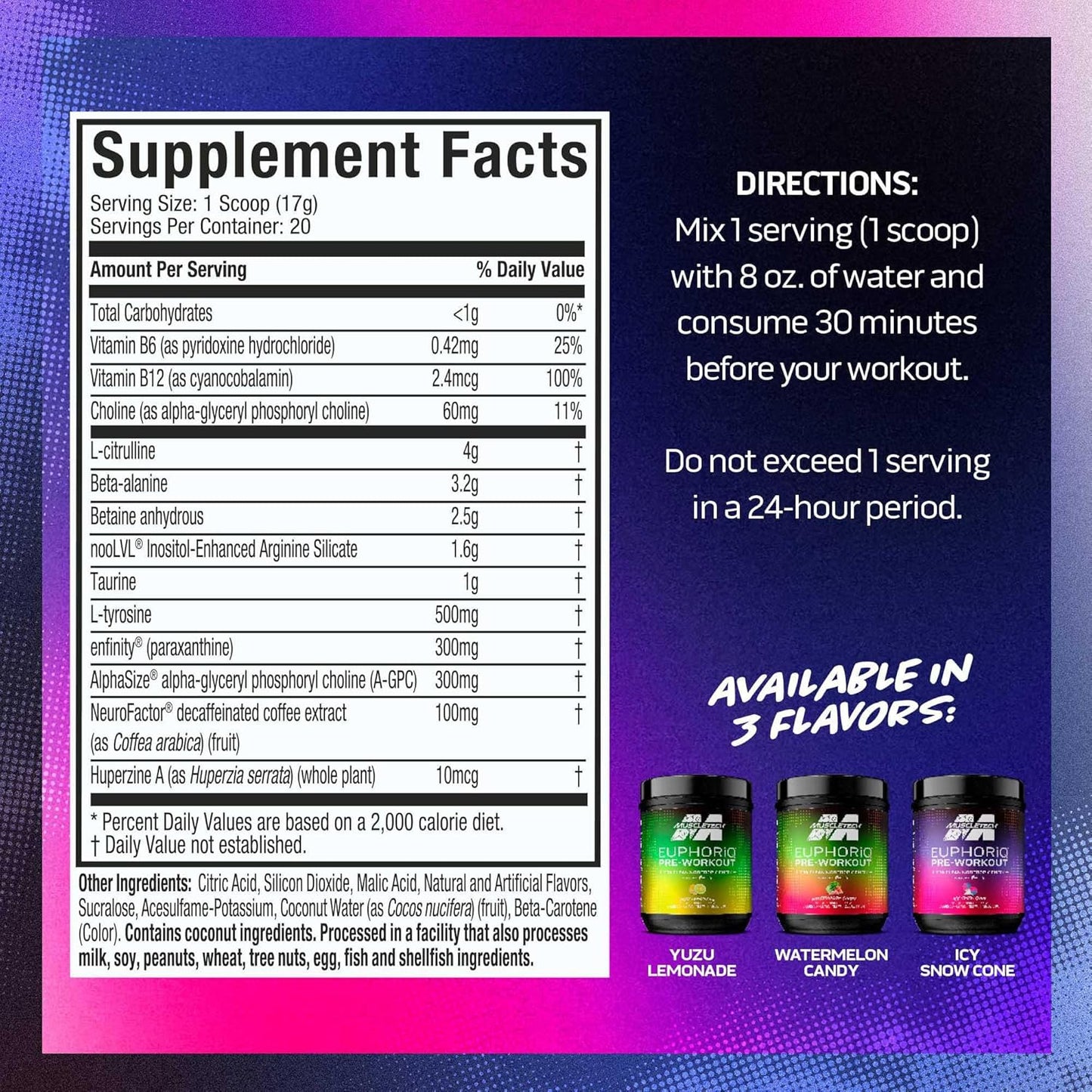 EuphoriQ PreWorkout Powder by MuscleTech - Smart Caffeine Metabolite Fuel for Men & Women - ICY Snow Cone Flavor - 20 Servings