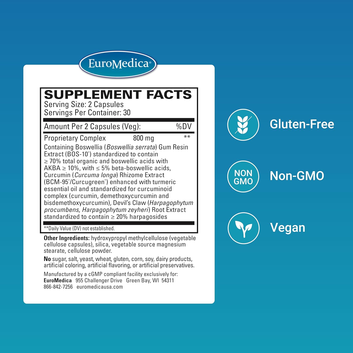 Euromedica ArthoMed - 60 Capsules - Joint & Spine Health Support with Boswellia, Curcumin, and Devil's Claw - Cartilage Formation and Flexibility - 30 Servings