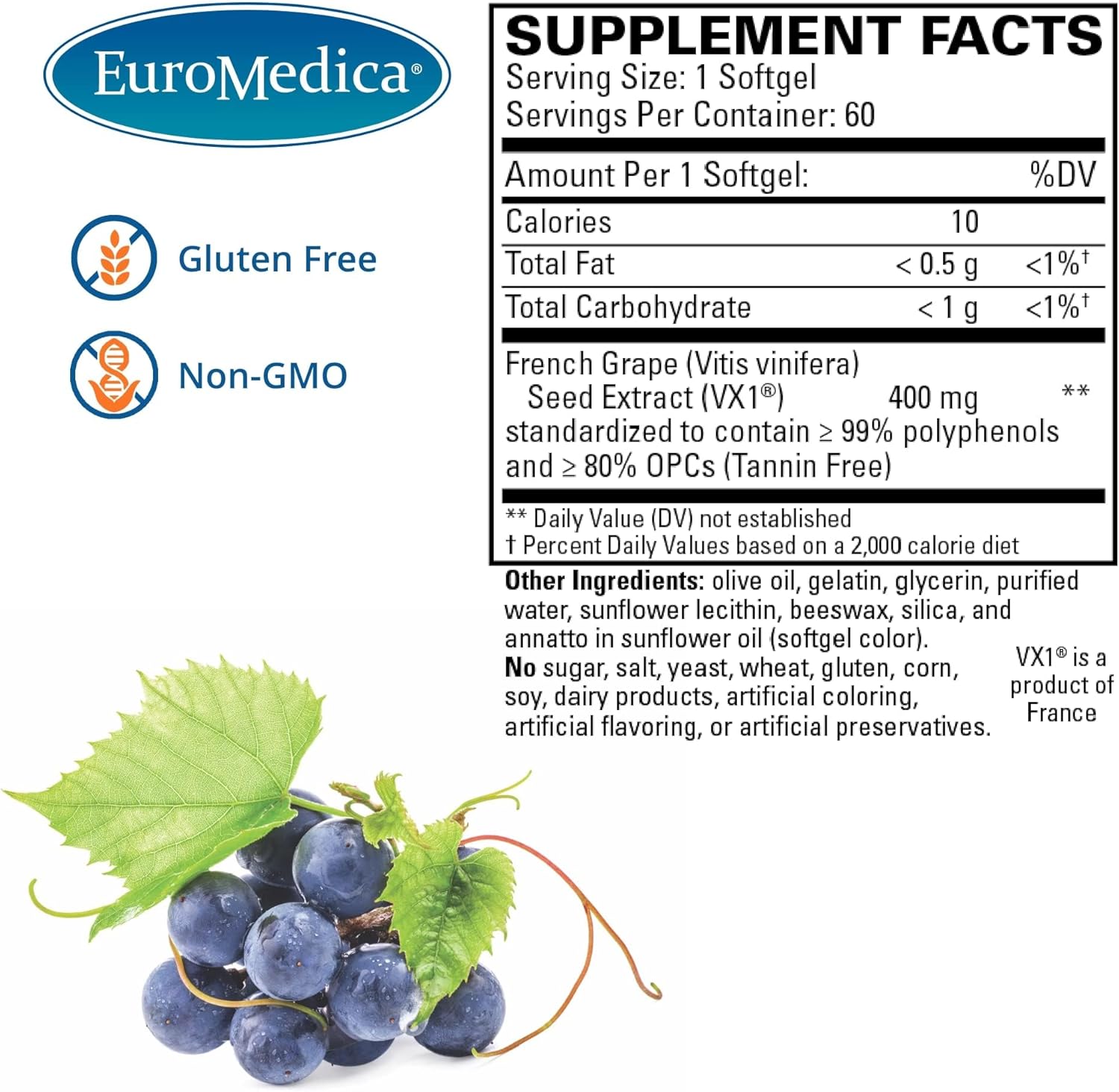 Euromedica Clinical OPC - 60 Softgels - Tannin-Free Grape Seed Extract - High Absorption - 60 Servings