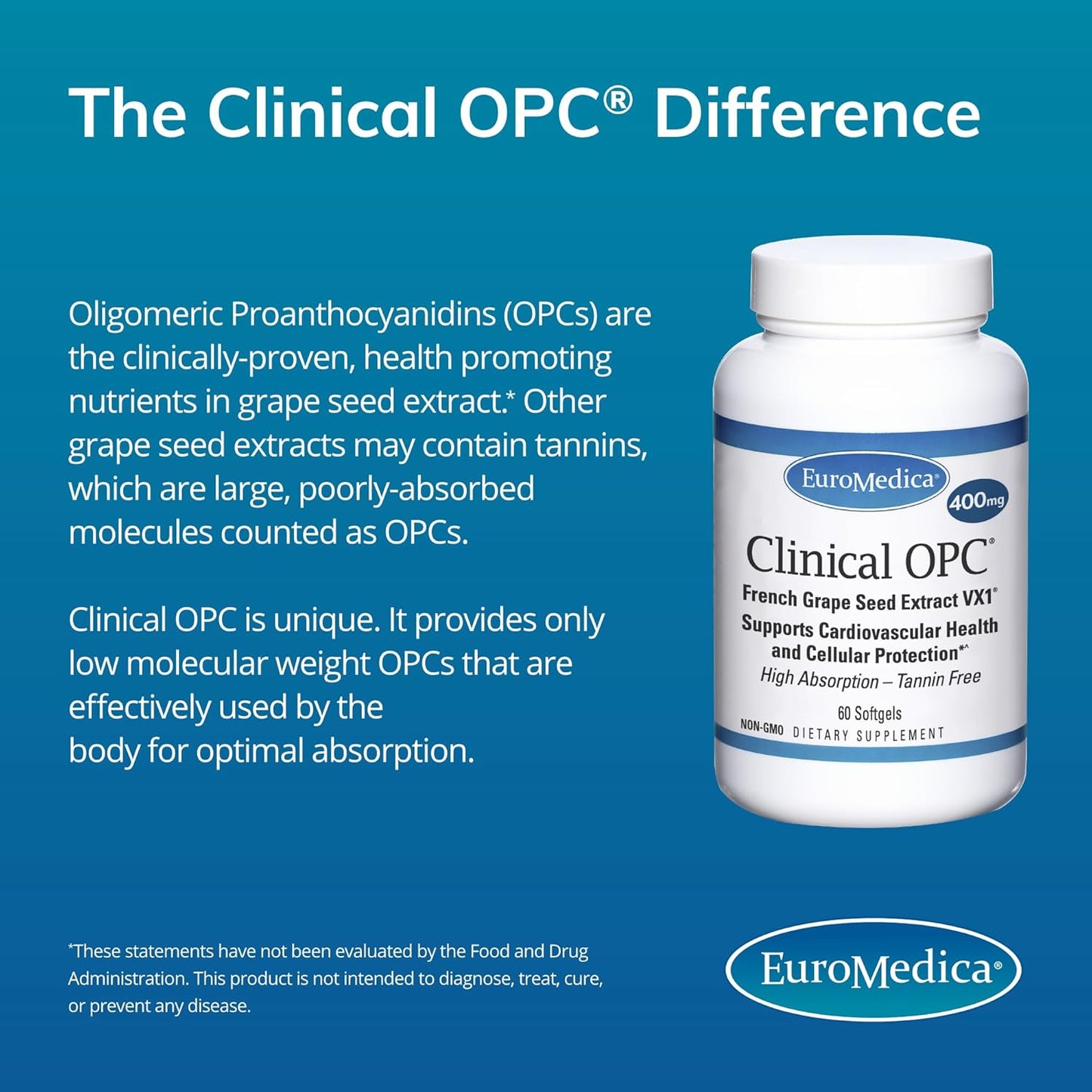 Euromedica Clinical OPC - 60 Softgels - Tannin-Free Grape Seed Extract - High Absorption - 60 Servings
