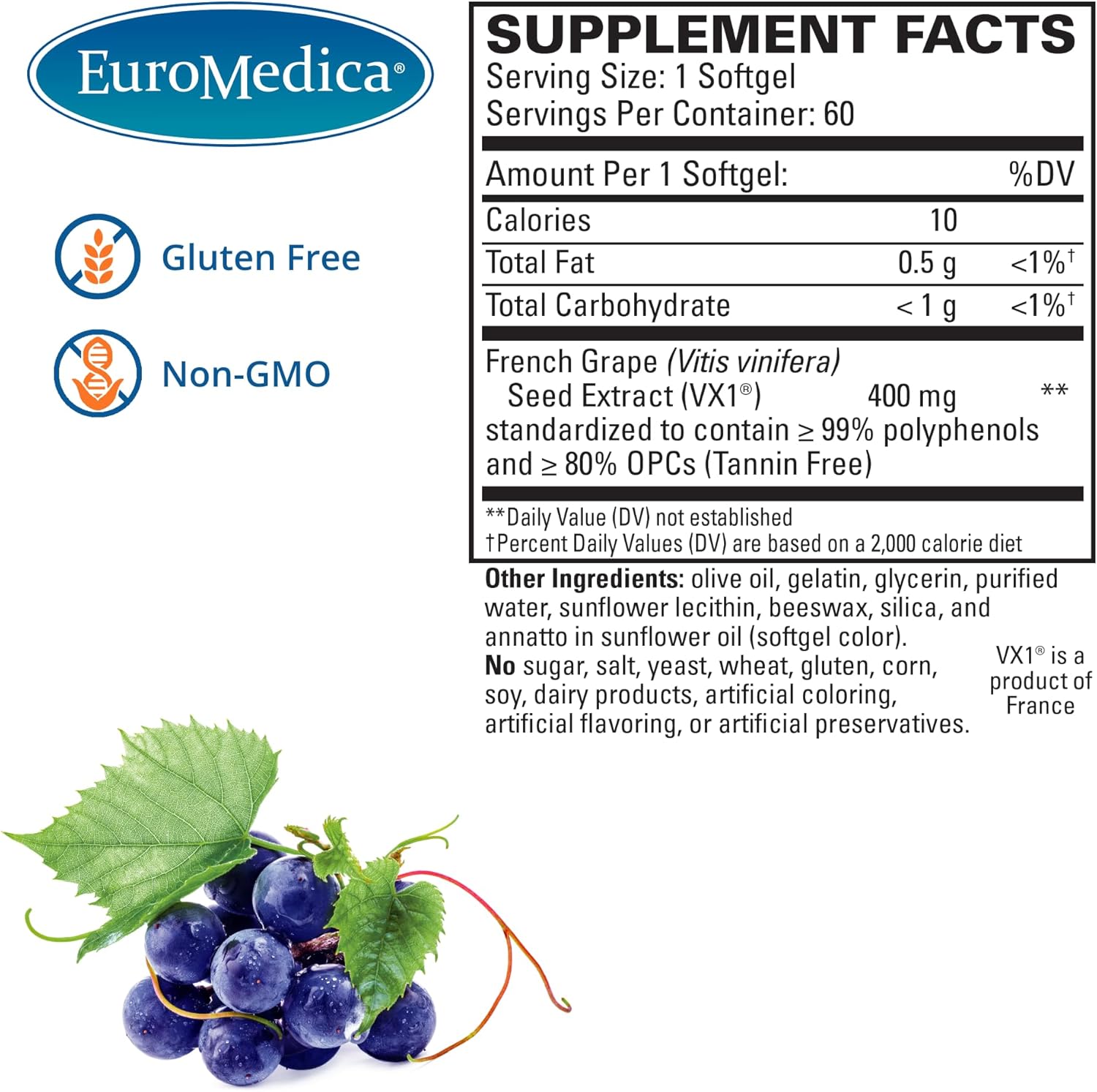 Euromedica Clinical OPC - 60 Softgels - Tannin-Free Grape Seed Extract - High Absorption - 60 Servings