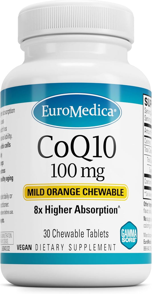Euromedica CoQ10 Chewable Tablets - 100mg, 30 Count - 8X Better Absorption - Energy, Antioxidant, Cognitive Support - Vegan - 30 Servings