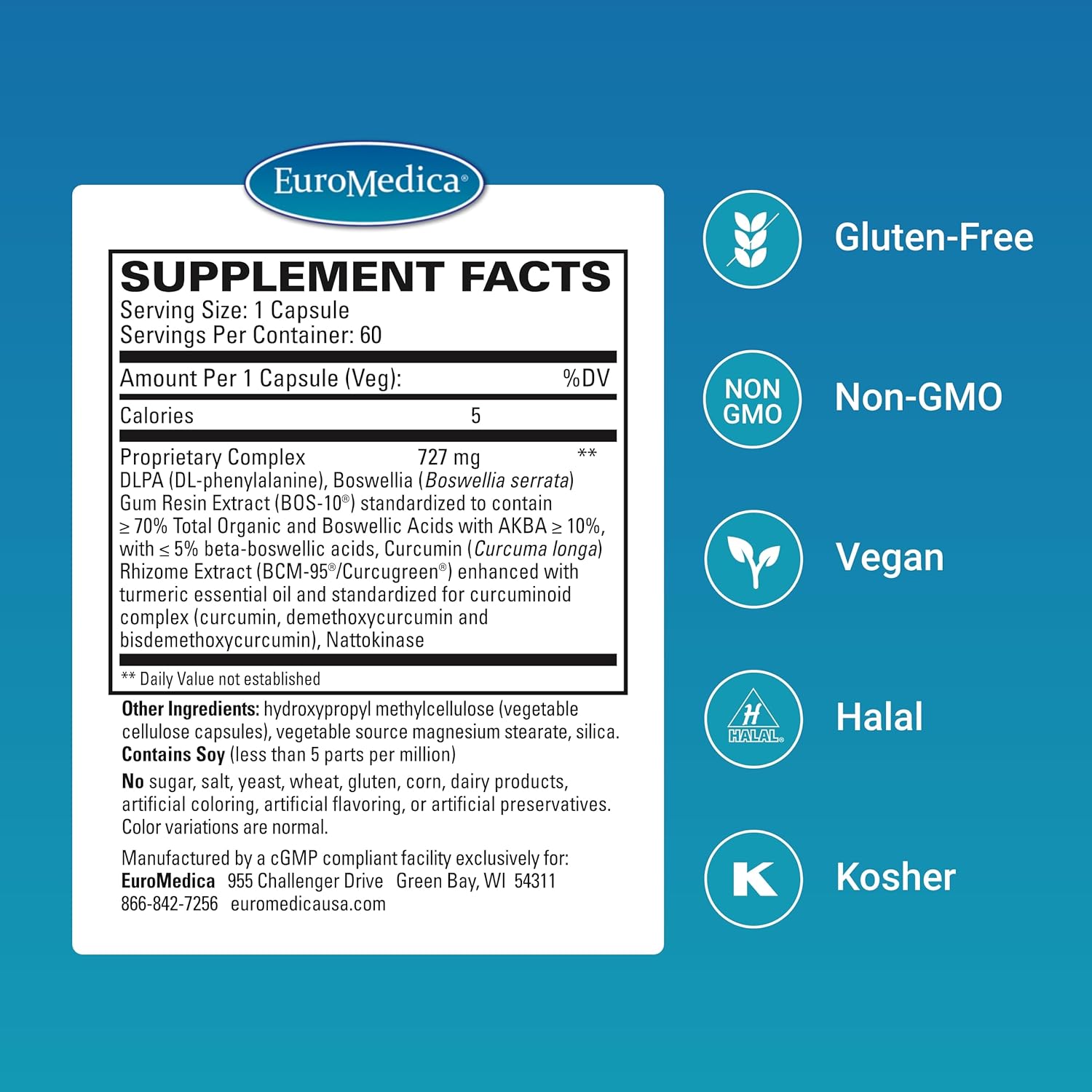 Euromedica Curaphen 60 Capsules - Professional Pain Relief Formula with Curcumin, Boswellia, DLPA & Nattokinase - Highly Absorbable - 60 Servings