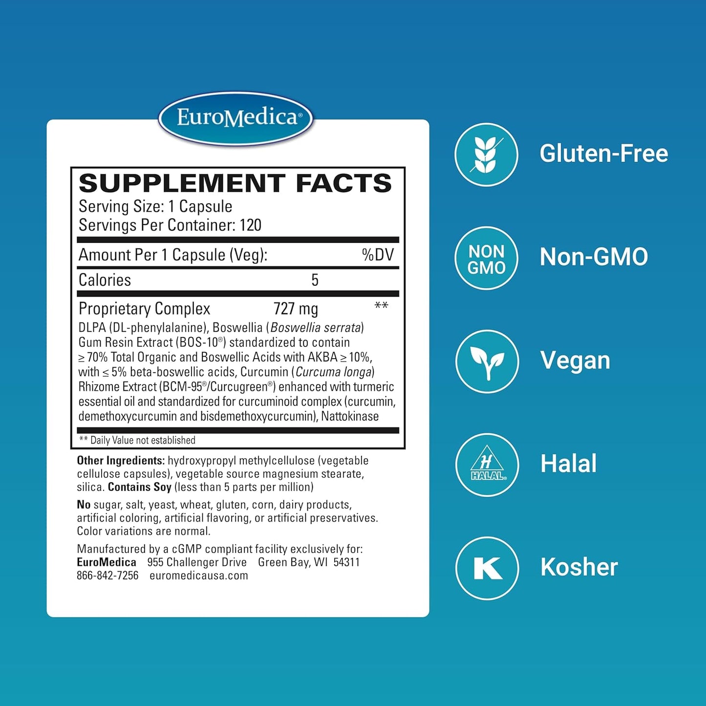 Euromedica Curaphen Professional Pain Formula - 240 Servings - 120 Capsules x 2 Pack - Curcumin, Boswellia, DLPA, Nattokinase