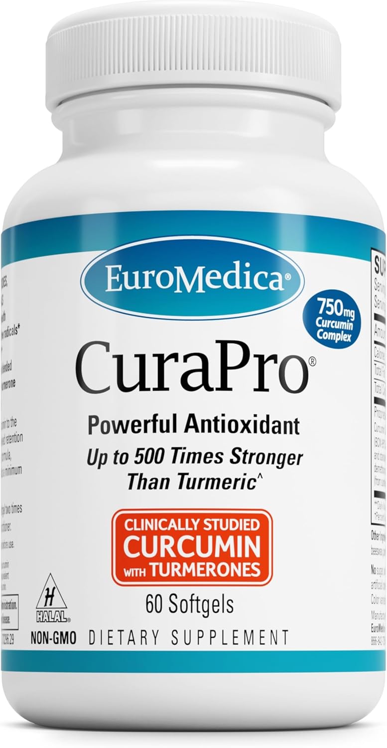 Euromedica CuraPro High Potency Turmeric Curcumin Softgels - 750mg, 60 Count - Liver, Brain, Heart & Immune Support